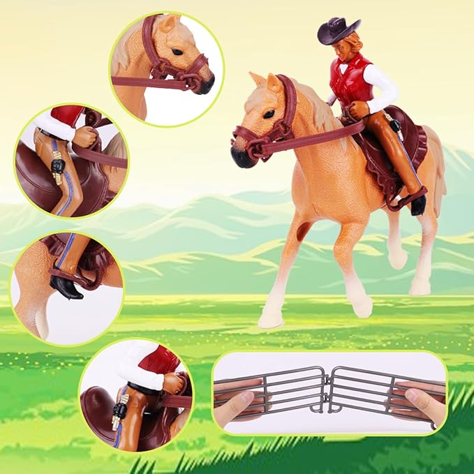 Western Rodeo Horse Toys for Girls and Boys - Cowboy Dodeo with Western Rider and Horse Figurine Fence Horse Toy Set Birthday Gift for Kids Toddlers Ages 3-7 Years Old