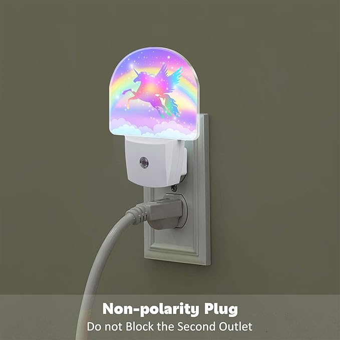 Flying Unicorn and Rainbows Night Light Plug into Wall, Shining Stars and Unicorn Dusk to Dawn Night Light,0.5w Energy Saving Sleep Friendly Nightlights for Kids Boys Girls Home Decor