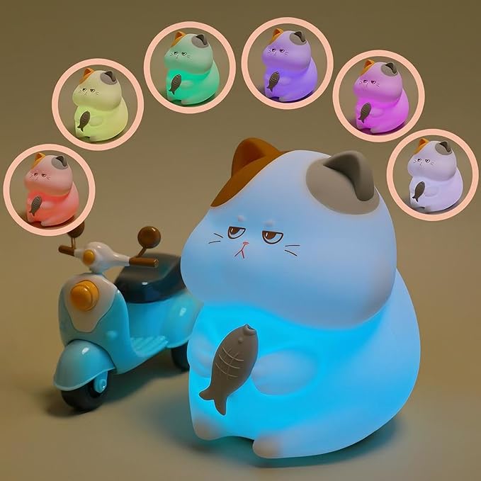 Greedy Cat Night Light for Kids, 3 Levels Dimmable Cute Kitty Nursery Nightlight with Touch Color Change, Squishy Silicone Rechargeable Bedside Lamp for Baby/Pregnant Mom/Elderly/Adults