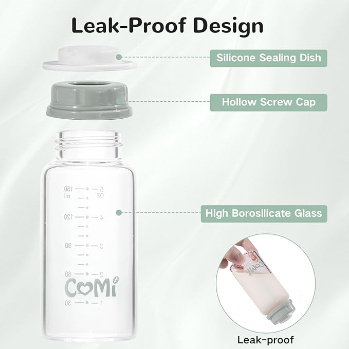 COMI Natural Glass Baby Bottle,Standard Neck Breastmilk Storage Bottle for Fridge,Breast Milk Container,Breast Pump Bottle Compatible with Medela Breast Pump,BPA Free,6PCS (5oz,3 Gray+3 Pink)