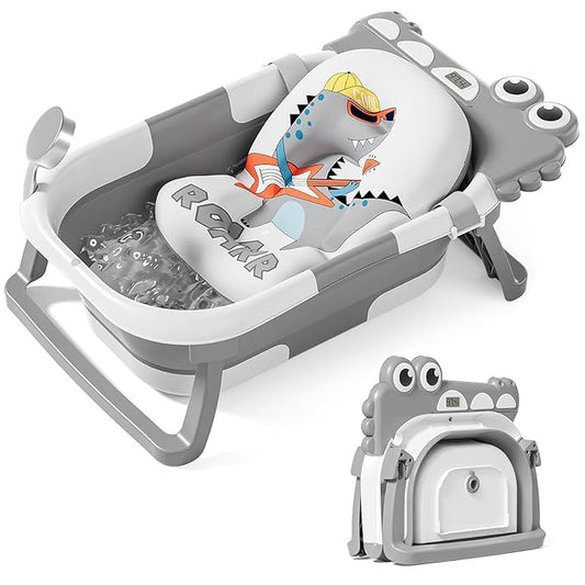 TPN Collapsible Baby Bathtub, Baby Bath Tub with Soft Cushion & Real-Time Thermometer, Baby Bathtub Infant to Toddler Tub (0-36 Months), Portable Travel Baby Tubs for Newborns (Grey)
