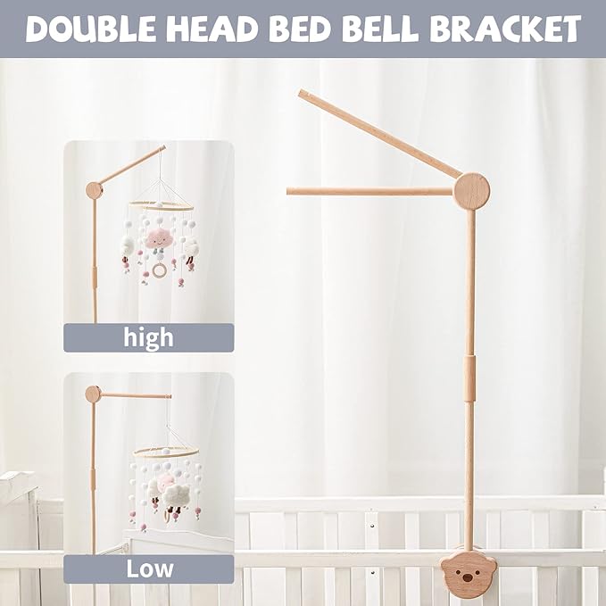 JETMHH Wooden Crib Mobile Arm | Crib Mobile Holder | Nursery Mobile Hanger Cartoon Bear | Horizontal 360 Rotatable, 2 Adjustable Hanging Angles Fits Thick Railings Nursery Decoration
