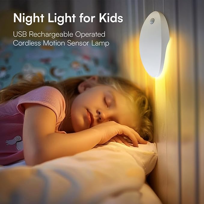 DAYBETTER Night Light for Kids - Baby Night Light Warm White 3000K with USB Rechargeable Battery Operated Cordless Motion Sensor Lamp Indoor LED for Bedroom Hallway Stair(2 Pack)