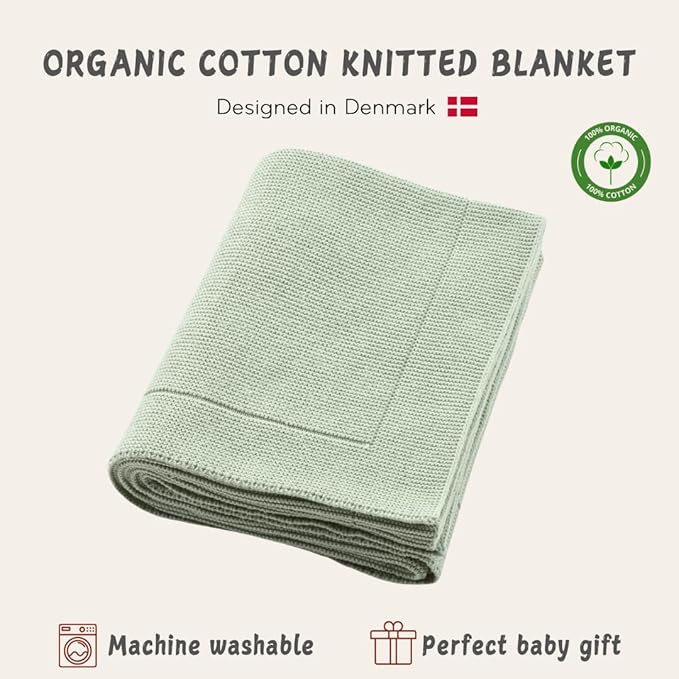 Knitted Organic Cotton Baby Blanket- Swaddle Blanket, 30" x 40" Soft Receiving Blanket for Newborn (Roman Green)