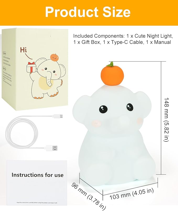 LED Night Light, Cute Squishy Elephant Lamp, Silicone Rechargeable Dimmable Nightlight for Nursery and Bedrooms, Elephant Gift for Women (White-Blue)