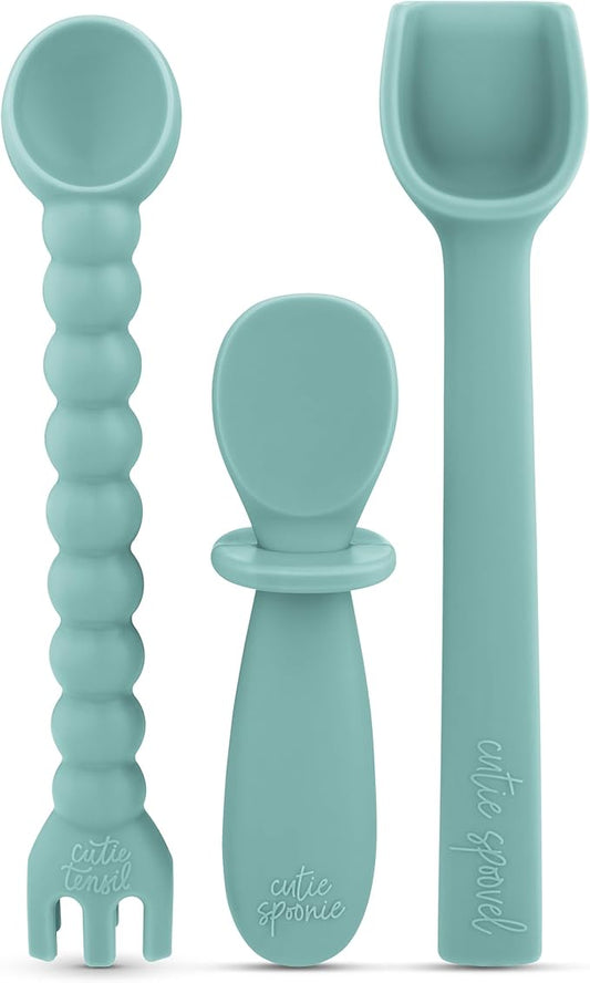 Ryan & Rose Ultimate Baby Utensil Set of 3 Silicone Baby Spoons Silicone feeding set for baby led weaning, self feeding 6 months, toddler utensils (Seaglass)