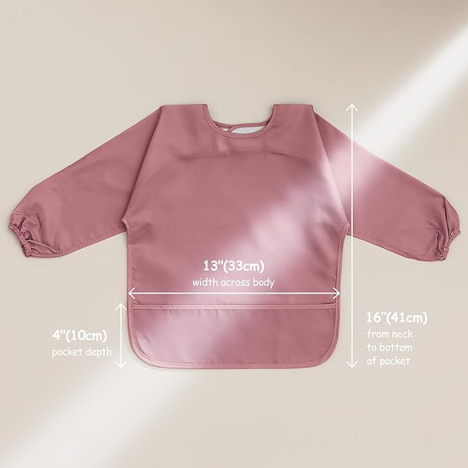 4 Pack Long Sleeve Bib, Waterproof Sleeved Smock for Baby Boy or Girl, Reusable Bib with Pocket, Ages 6-24 Months