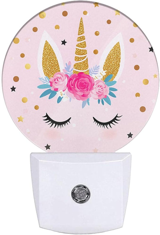 EKOBLA Unicorn Pink Night Light Gold Golden Polk Dots Stars Night Lights Plug into Wall with Dusk to Dawn Sensor Round LED Lamp for Teen Girls Fun Novelty Gift