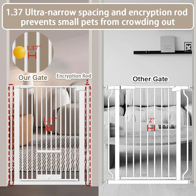40.55" Tall 1.37" Ultra Narrow Spacing 57.68-73.43" Extra Wide Dogs Pets Baby Gate with Cat Door for Doorway Safety Proof Indoor Puppy Pressure Mounted No Drill White Black Metal Hallway