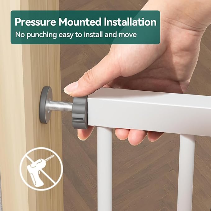 BABELIO 36" Tall Baby Gate, PressGuard P7, 29-55" Auto Close Pressure Mounted Dog Gate for Doorways & Hallway, Basics Easy Walk Thru Pet Gate, Extra Wide Metal Child Gate, White