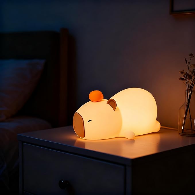 XunYang Cute Night Light for Kids Capybara Lamp, 3 Levels 7 Colors Tap Silicone Dimmable Nursery Nightlight for Boys Girls, USB Rechargeable Capybara Night Lamp for Bedroom - Yellow