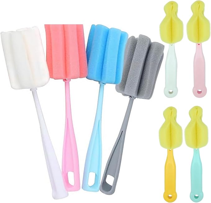 8PCS Bottle Brush Sponge Nipple Brushes Long Handle Cup Cleaner Brush for Baby Bottle Glasswares Mugs Cups Kitchen Clean (4 Bottle Brushes + 4 Nipple Brushes)