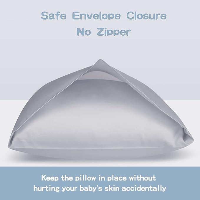 Organic Cotton Toddler Pillowcase 2 Pack, 14 x 20 Travel Pillow Case Cover for Babies, Kids, Boys and Girls, Soft and Breathable Small Pillow Cases with Envelope Closure, Light Grey