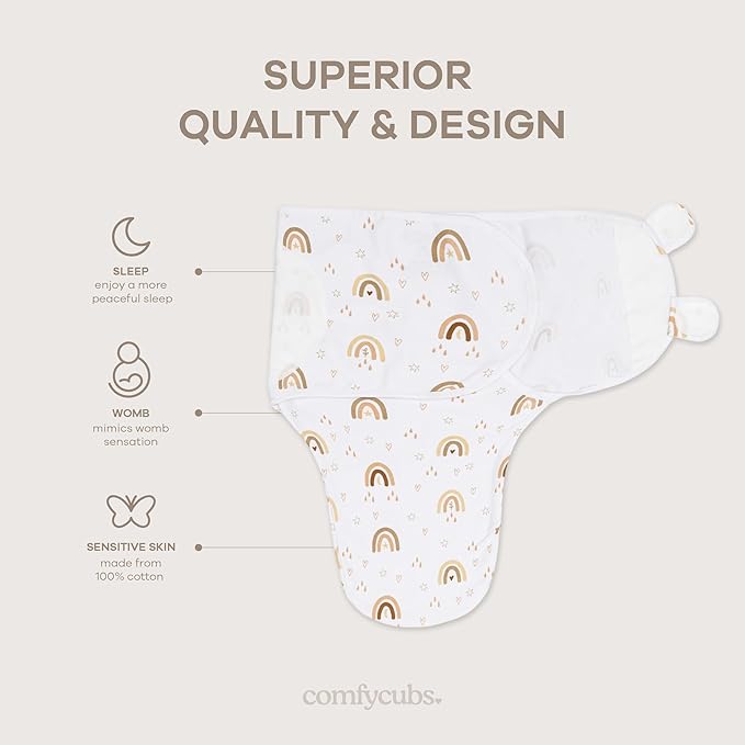 Comfy Cubs Easy Swaddle Blanket, 3 Pack - 100% Cotton Newborn Wrap, Large for 3-6 Months Infants, with Adjustable Velcro, Breathable and Durable Sleep Sack for Babies - Rainbow Bohemian