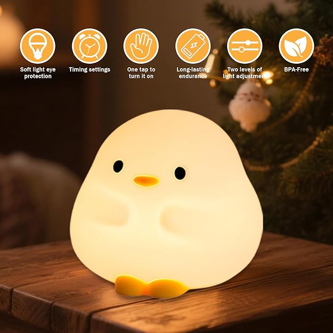 Cute DuDu Duck Night Light, Silicone Duck Lamp Light, Squishy Led Lamp, Rechargeable Dimmable Animal Nightlight with 30 Minutes Timer & Touch Control for Bedroom Living Room Gift Decor