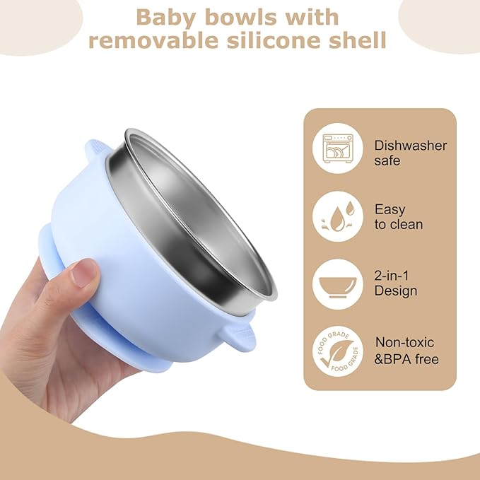 2 Pack Stainless Steel Baby Bowls with Removable Non-Slip Silicone Suction Shell, Anti Scald Food Container for Baby Food Feeding-Skyblue & Cream