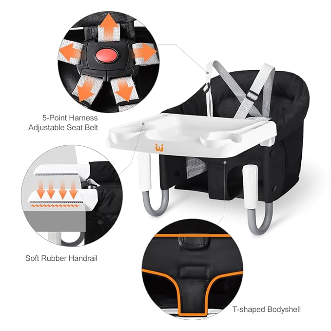 MTWML Hook On High Chair with Tray,Portable Baby High Chair That Attaches to Table,Clip On Fast Table Seat for Babies and Toddlers.Baby Feeding Seat for Dining Tables and Counter(Pure-Black)