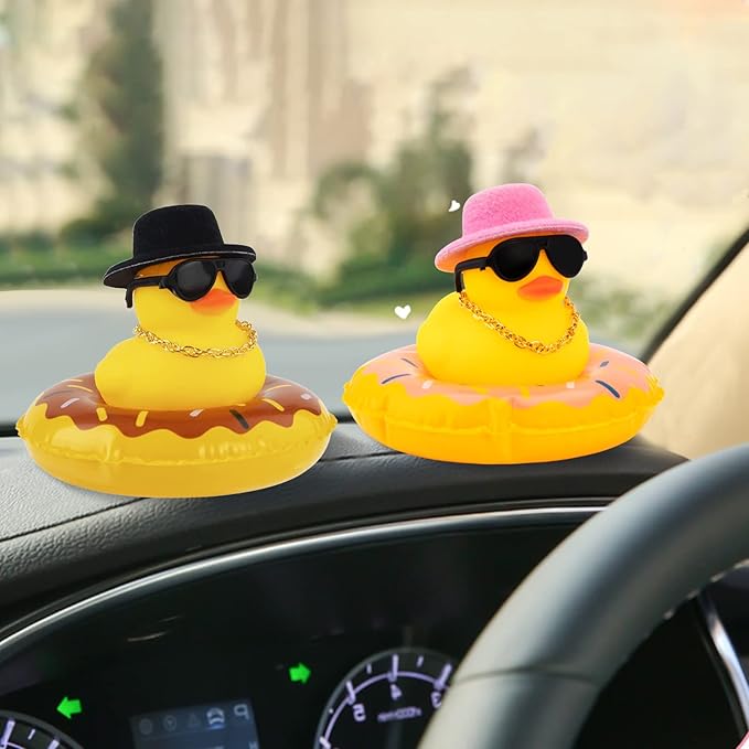wonuu Car Rubber Duck, Yellow Duck Decoration Dashboard with Sun Hat Swim Ring Necklace Sunglasses for Car Dashboard Decorations