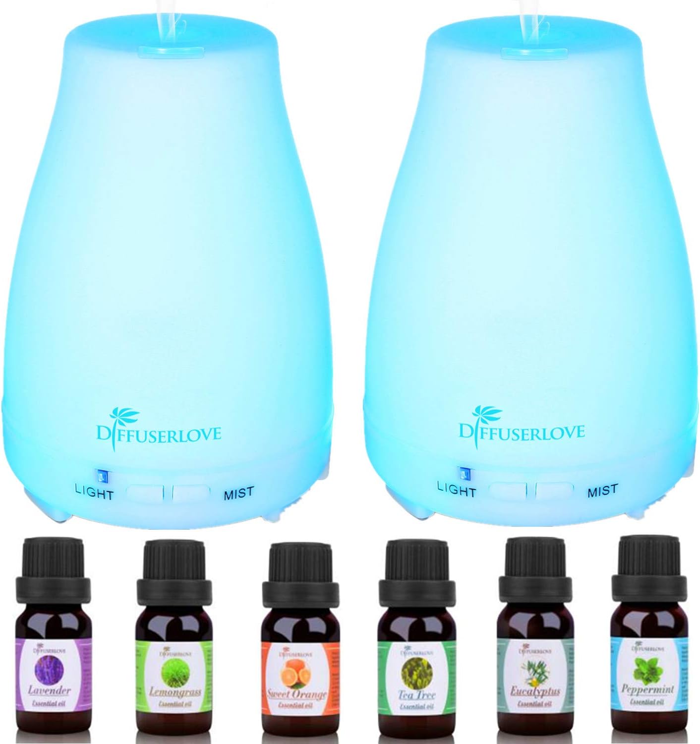 Diffuserlove 2 Pack 200ml Essential Oil Diffuser Ultrasonic Aromatherapy Diffuser with Waterless Auto Shut-Off Aroma Cool Mist Humidifiers with 6 Bottles of Natural Essential Oils /7 Color LED Lights