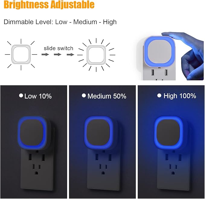 4 Pack Plug in Dimmable Night Light, Blue Nightlight, Auto Dusk to Dawn Sensor, LED Night Light, Soft Glow, Diffused Light for Bathroom, Hallway, Stairs, Kitchen, Bedroom
