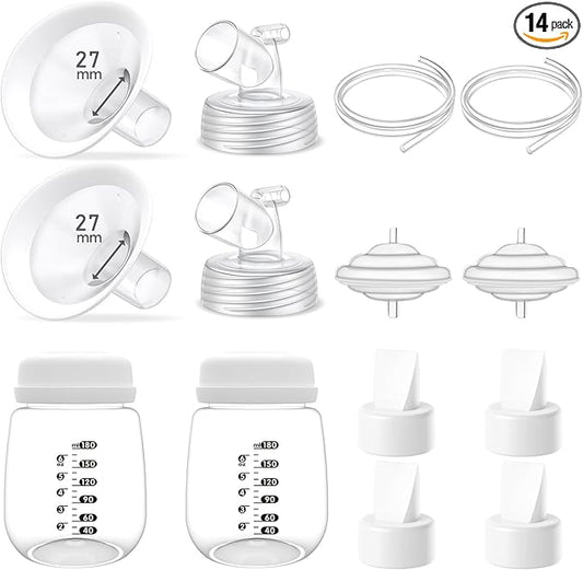 Full Breast Pump Parts with 27mm Oval Soft Rim Flanges and Wide-Mouth Base Connector for Spectra S2 S1 9 Plus SG, Medela, Lansinoh Pumps, Include Flange, Valve, Backflow Protector, Tubing and Bottle