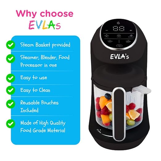 EVLA'S Baby Food Maker, Steamer, Blender, Baby Food Processor for Healthy Homemade Baby Food in Minutes, Touch Screen with 6 Reusable Food Pouches, Baby Registry Essential, Dark Grey