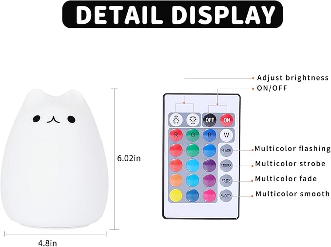 ZKLiLi Night Light, Cute Cat Nursery Lights USB Rechargeable Cat Lamp Nightlight Birthday Christmas Gift with Warm White and 7-Color Breathing Modes for Kids Baby Children (renqimao)
