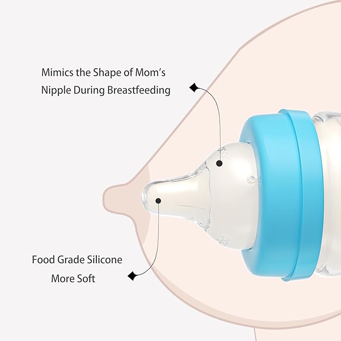 YOHKOH Glass Baby Bottles with Slow Flow Nipple, Newborn Anti-Colic Baby Bottles for 0+ Months, Wide Neck Feeding Bottle, Clear (Blue, 2.7oz (Pack of 4))