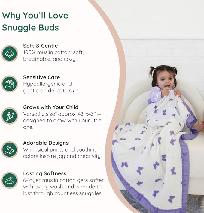 Organic Cotton Baby Blanket | Soft & Breathable 6-Layer Swaddle & Receiving Blanket | Lightweight Quilt for Newborns & Toddlers | Gender-Neutral(Multiple Adorable Prints) (Lilac Flutter)