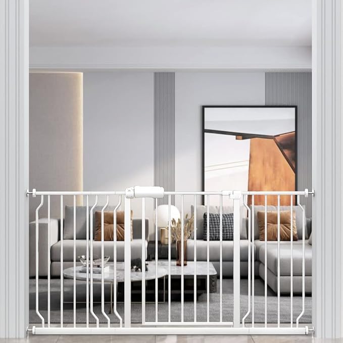 WAOWAO Baby Gate 62.19-66.88" Extra Wide Pressure Mounted Walk Through Swing Auto Close Safety White Metal Toddler Kids Child Dog Pet Puppy for Stairs,Doorways,Kitchen