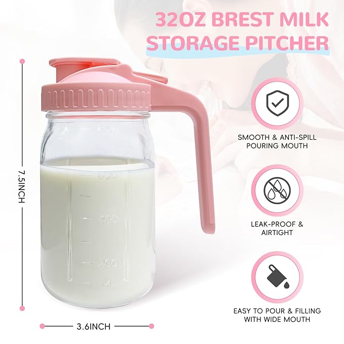 2 PACK Breast Milk Pitcher 32OZ Glass Breastmilk Pitcher with Lids Leak-proof Wide-mouth Mason Jar for Breastmilk, Resistant to Heat or Cold, Freezer-safe(Pink)