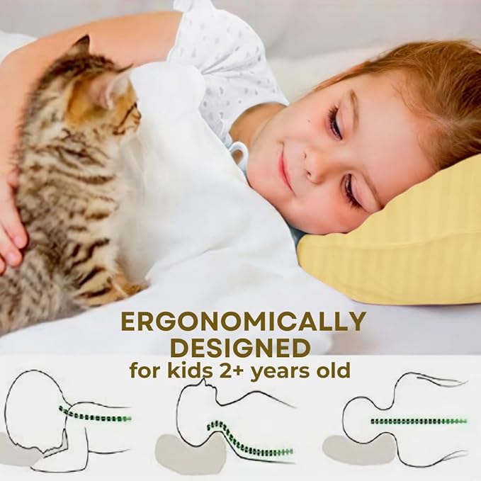 kinder Fluff Children Pillow (2Pack) 10x15in - First Pillow for Kids Age 2+, 100% Cotton Sateen Stripes Shell 300T, Down Alternative Fill, Machine Washable - Children & Travel Cushion - Yellow - XS