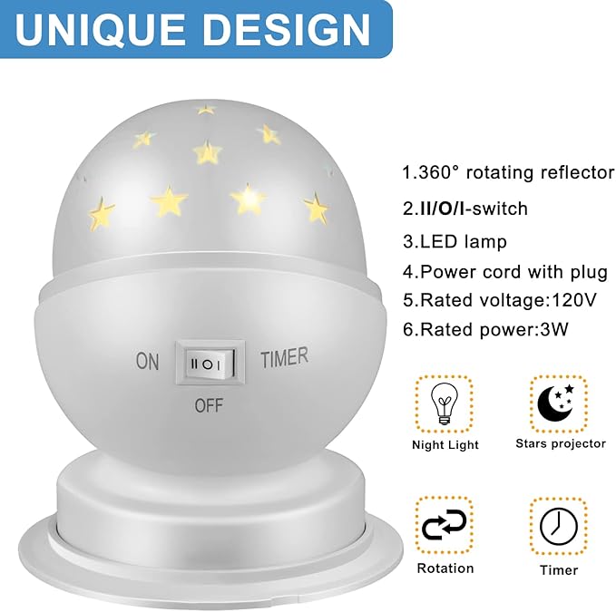 Nursery Night Light,Rotating Star Projector,Nursery Ceiling Light Projector with Timer,1Pack,3000K,White