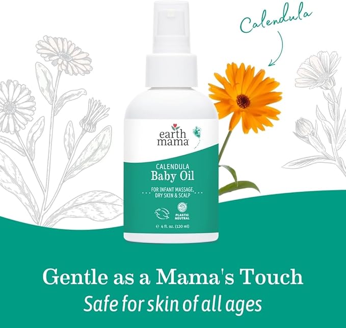 Earth Mama Calendula Baby Oil | Massage Oil for Newborn Skin Care, Dry Skin & Scalp Moisturizer, Fragrance Free, 4-Fluid Ounce (2-Pack)
