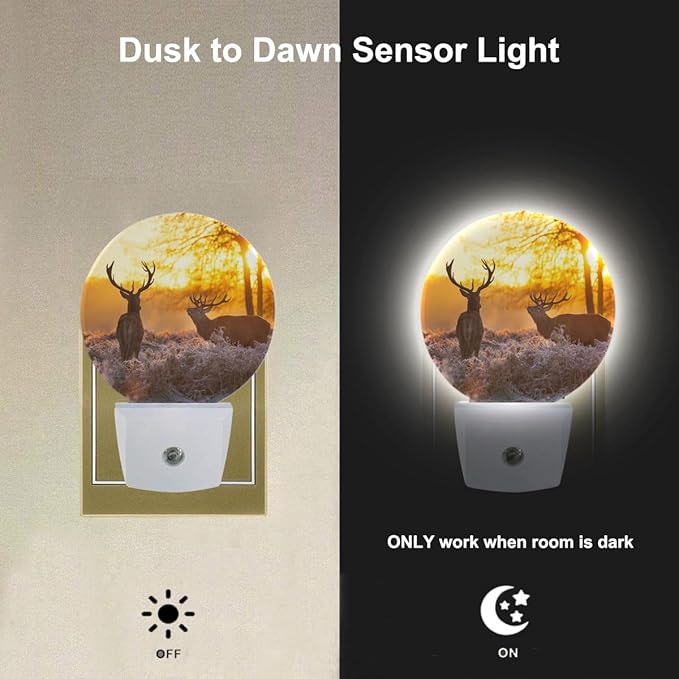EKOBLA Deer Night Lights Plug into Wall Deer Elk Animals River Creek Autumn Woods Night Light with Dusk to Dawn Sensor LED Lamp for Men Women Boys Girls