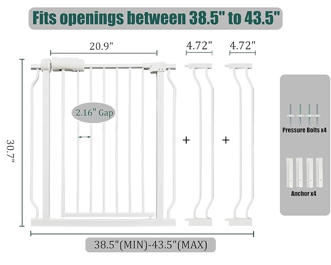 38.5-43.5 Inch Extra Wide Baby & Dog Gate, Pressure Mounted Walk Through, Heavy-Duty Safety Gate for Doorways & Stairs, White Metal with Extension Kit