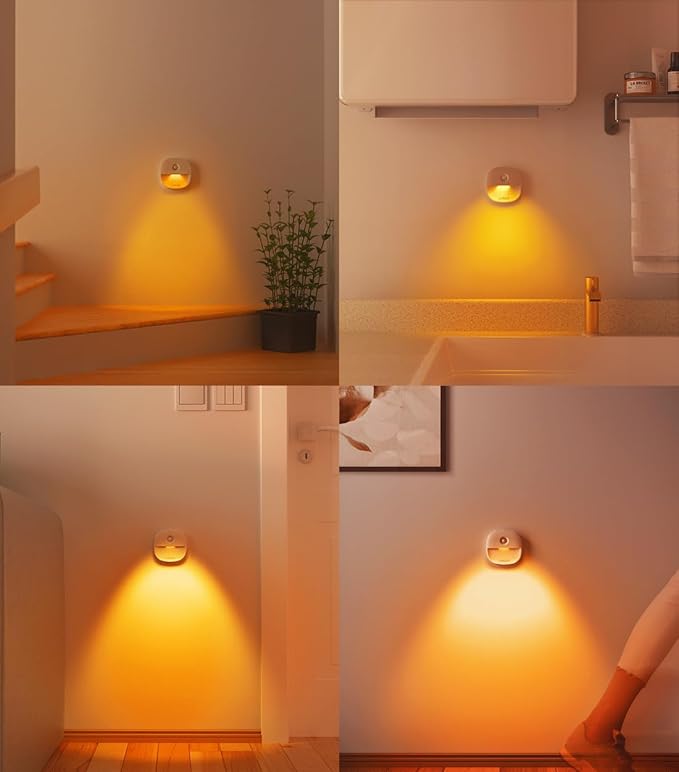 Lyridz Rechargeable Battery Night Light with Motion Sensor, Dimmable Amber Nightlights for Bathroom, Bedroom, Hallway, Stairs, Pet House, 3 Pack
