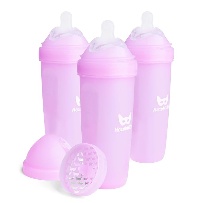 Herobility Double Anti-Colic Baby Bottles – 12 fl oz/340ml – 3-Pack – Purple