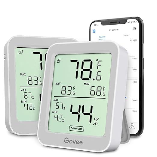 Govee Indoor Hygrometer Thermometer 2 Pack, Humidity Temperature Gauge with Large LCD Display, Notification Alert with Max Min Records, 2 Years Data Storage Export for Room Greenhouse, Grey