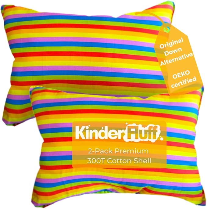kinder Fluff Children Pillow (2Pk) 10x15in – First Pillow for Kids Age 2+, Bright Rainbow Design, 100% Cotton Sateen Stripe 300T, Down Alternative Fill, Machine Washable, Colourful Kids Cushion XS