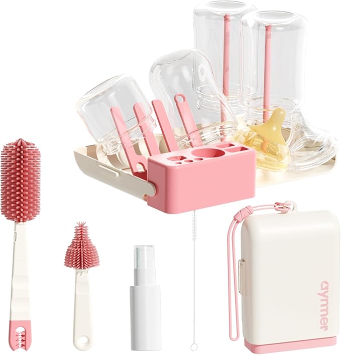 Baby Bottle Brush, 7 in 1 Travel Baby Bottle Cleaner Brush Set with Silicone Brush, Nipple Brush, Straw Brush, Soap Dispenser, Portable Drying Rack, Breast Pump & Bottle Cleaning Kit - Coral Pink