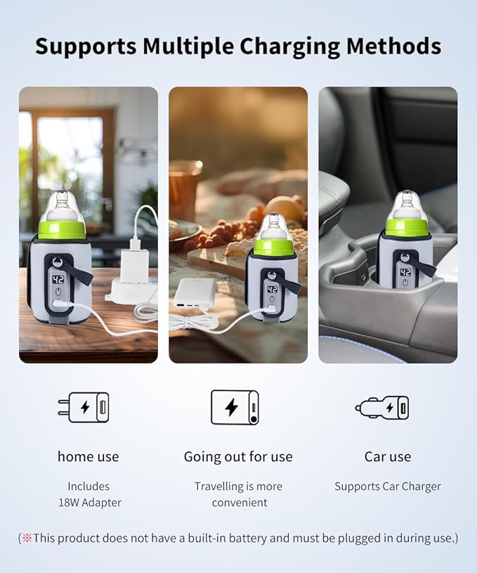 Bottle Warmer, Baby Milk Warmer with 5-Speed Temperature Control, Stable Constant Warming with LED Display, Requires Power Source, USB Powered with 18W Adapter, Suitable for Home and Travel