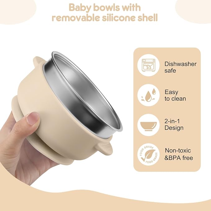 2 Pack Stainless Steel Baby Bowls with Removable Non-Slip Silicone Suction Shell, Anti Scald Food Container for Baby Food Feeding-Blue & Cream
