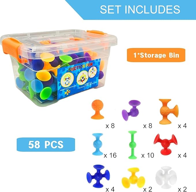 58 Piece Suction Fun Sticky Toy Set with Storage Bin, BPA Free Silicone, Stimulating Sensory Travel Bathtub Window Toys for Kids Boys Girls, Medium