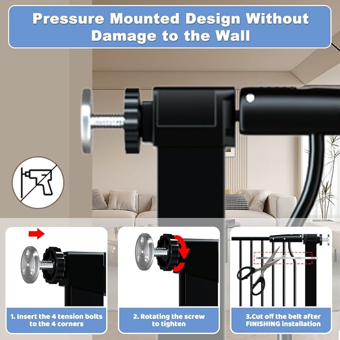 40.55" Extra Tall Baby Gate for Stairs-65.8"-71.2" Wide 1.37" Ultra Narrow Spacing Extra Wide Pet Cat Gate Dog Gate-Auto-Close Pressure Mounted Dog Door for Pets and Kids,Black