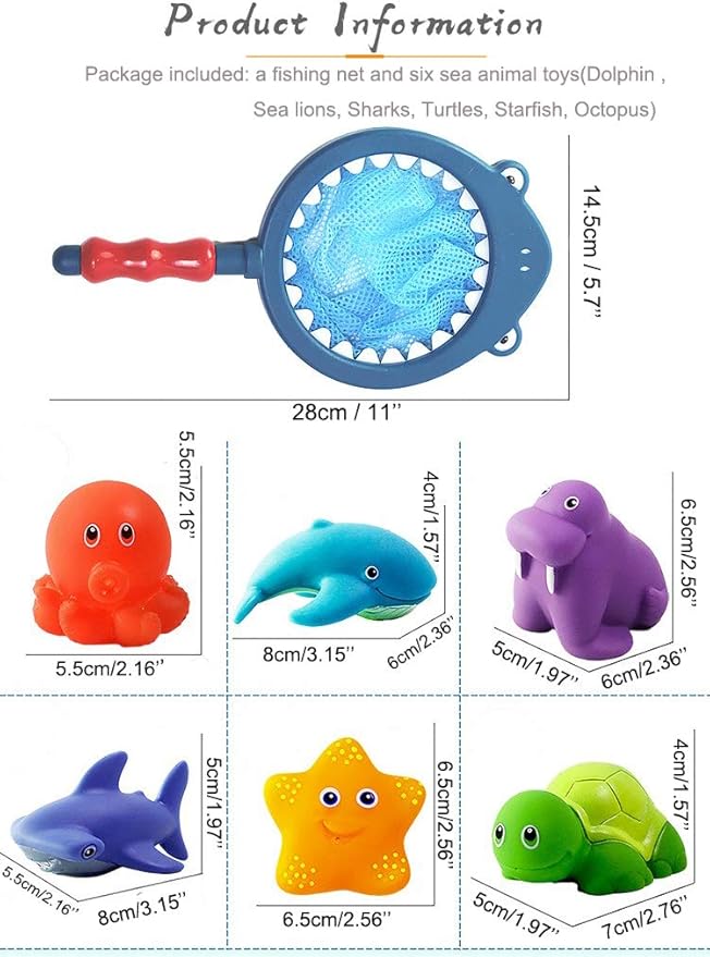 Bath Toy , Fishing Floating Animals Squirts Toys Games Playing Set with Fishing net , Fish Net Game in Bathtub Bathroom Pool for Babies Toddlers and Kids (Dark Blue)