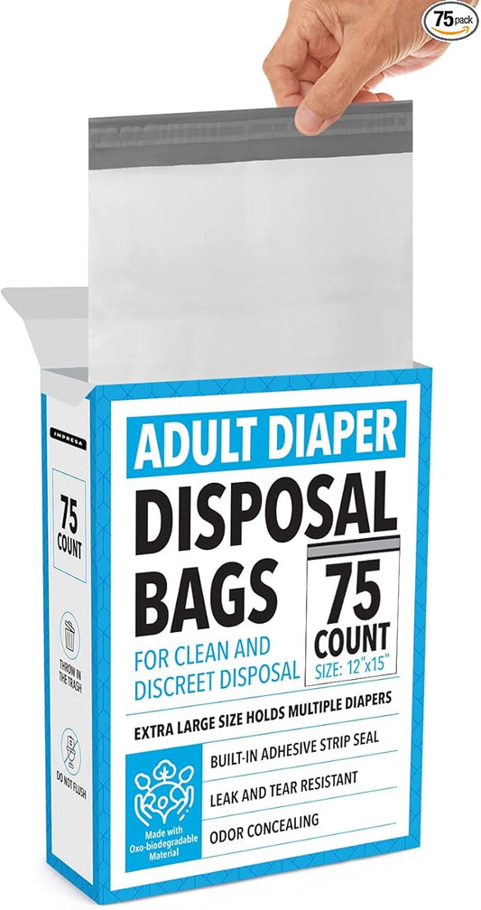 IMPRESA Disposable Adult Diaper Bags - 75-Pack, 12 x 15 in, Unscented - Odor-Proof, Leak-Proof & Tear-Resistant - Extra-Thick Bags for Adult Diapers & Incontinence Pads