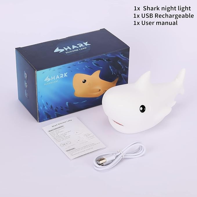 LOVERUIS Shark Night Light for Children, 7 Color Changing LED Portable Touch Baby Lamp, USB Rechargeable Silicone Animal Night Light for Children, Kindergarten, Toddlers (Shark)