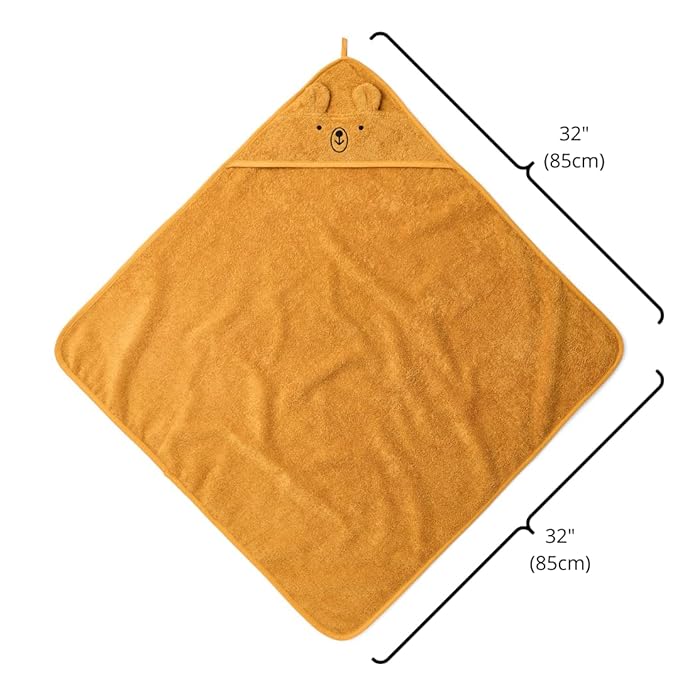 Organic Cotton Baby Hooded Towel 32' x 32' Super-Soft & Absorbent Baby Towel for Newborn (Bear - Autumn Yellow)