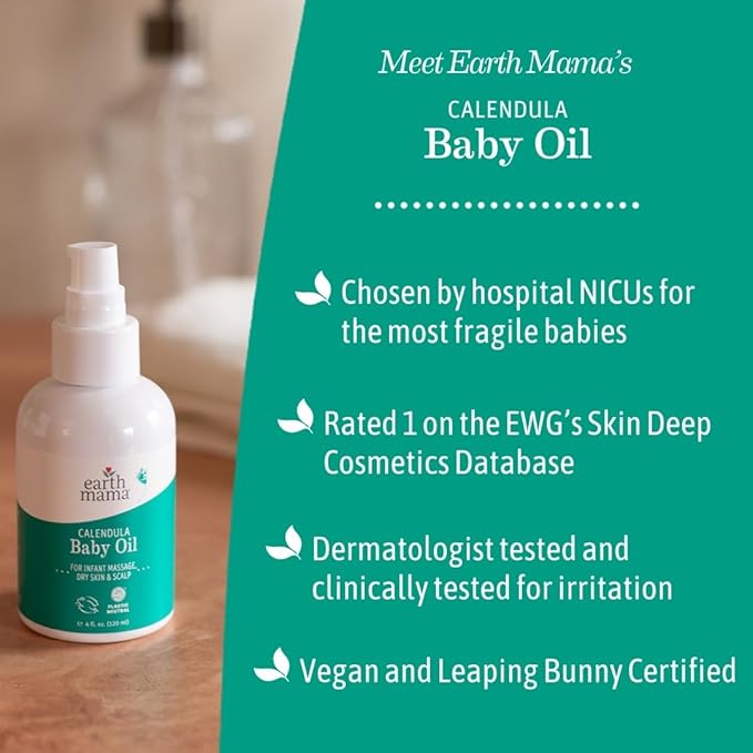Earth Mama Calendula Baby Oil | Massage Oil for Newborn Skin Care, Dry Skin & Scalp Moisturizer, Fragrance Free, 4-Fluid Ounce (2-Pack)